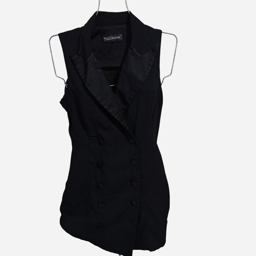 Guess Collection Black Double Breasted Vest Dress Satin Lapel Goth Size 4 Small